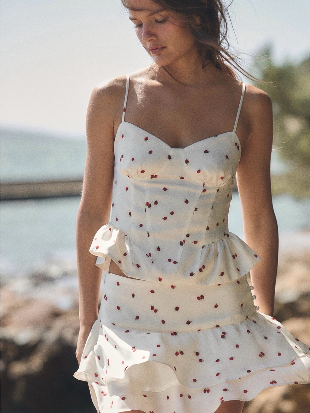 Zara White Spotted strawberry -Print Peplum Skirt Set